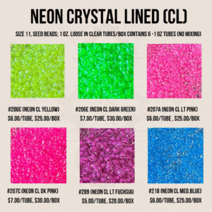 SEED BEADS, SIZE 11 NEON CRYSTAL LINED