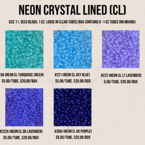 SEED BEADS, SIZE 11 NEON CRYSTAL LINED